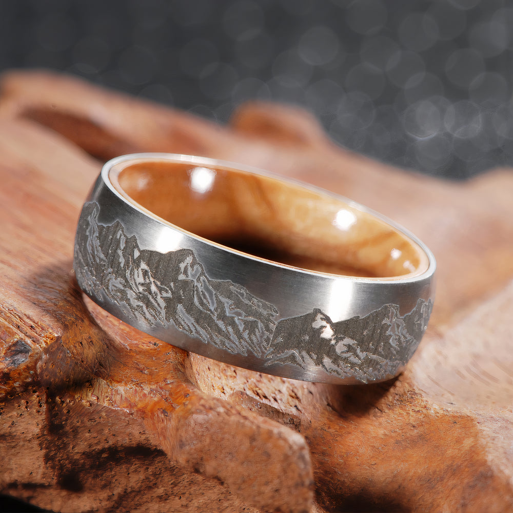 Mountain Range Ring - Laser Carved with Wood Sleeve 
