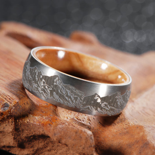 Mountain Range Ring - Laser Carved with Wood Sleeve 