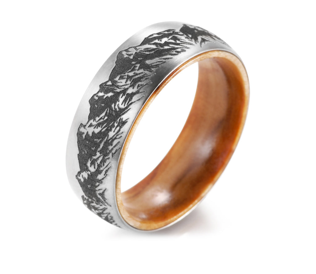 Mountain Range Ring - Laser Carved with Wood Sleeve
