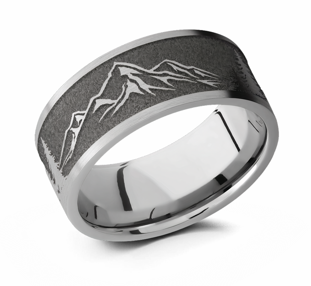 Mountain Scene Ring with Trees - 9mm Titanium 