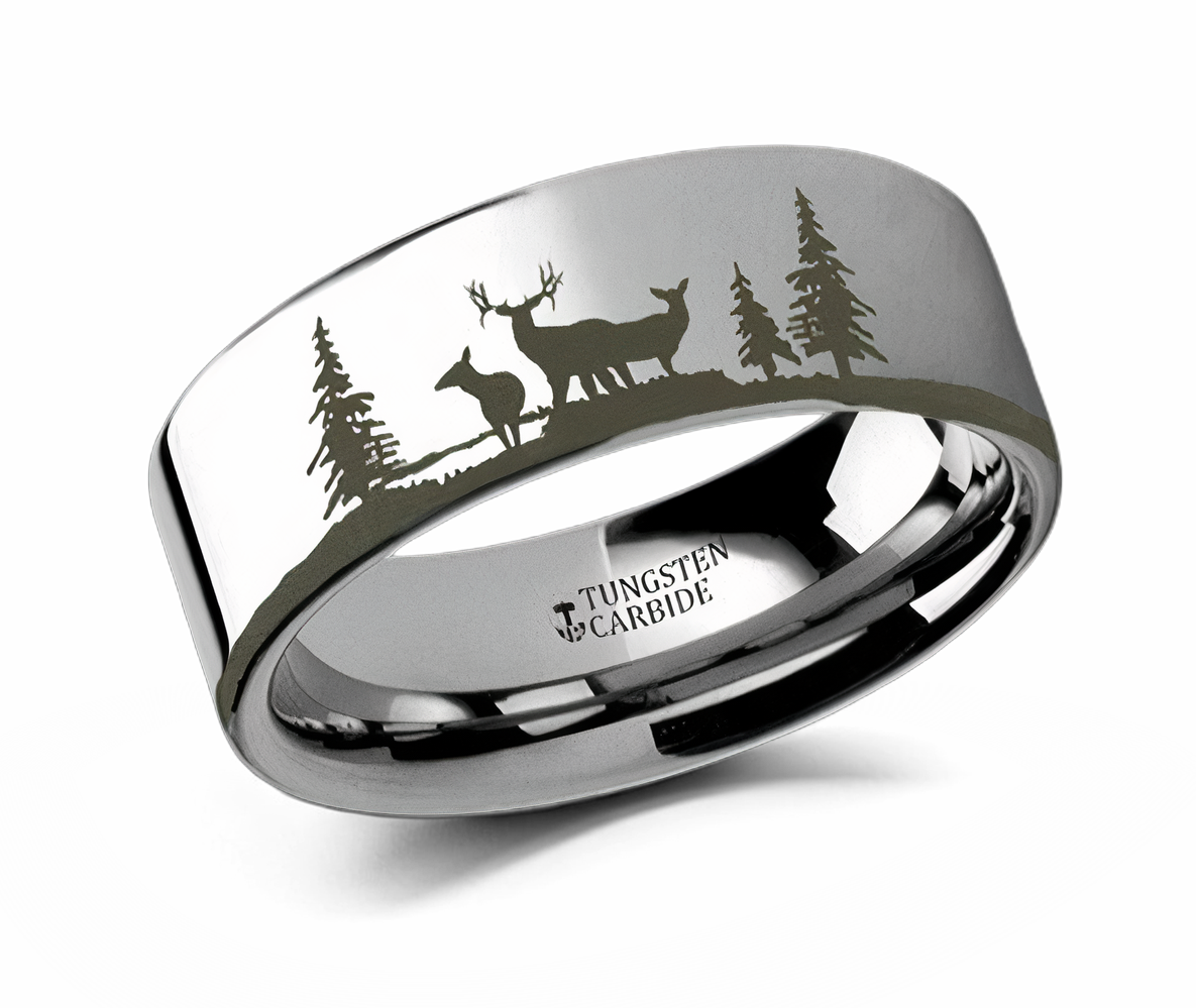 Ring with Deer in Nature - Tungsten 6mm - 10mm - Camo Ever After