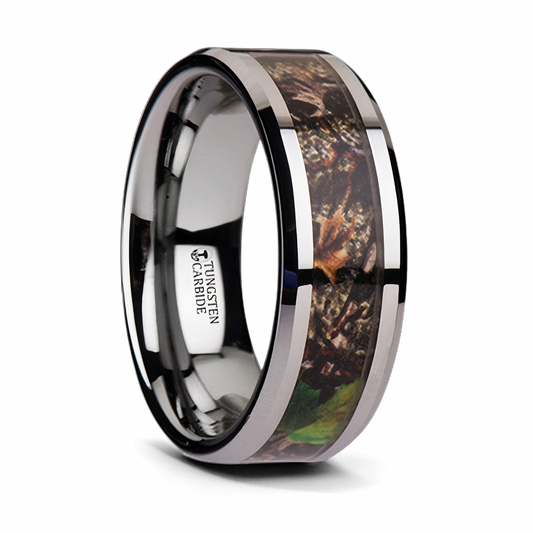 Realistic Tree Camo Ring with Green Leaves - Tungsten 8mm 