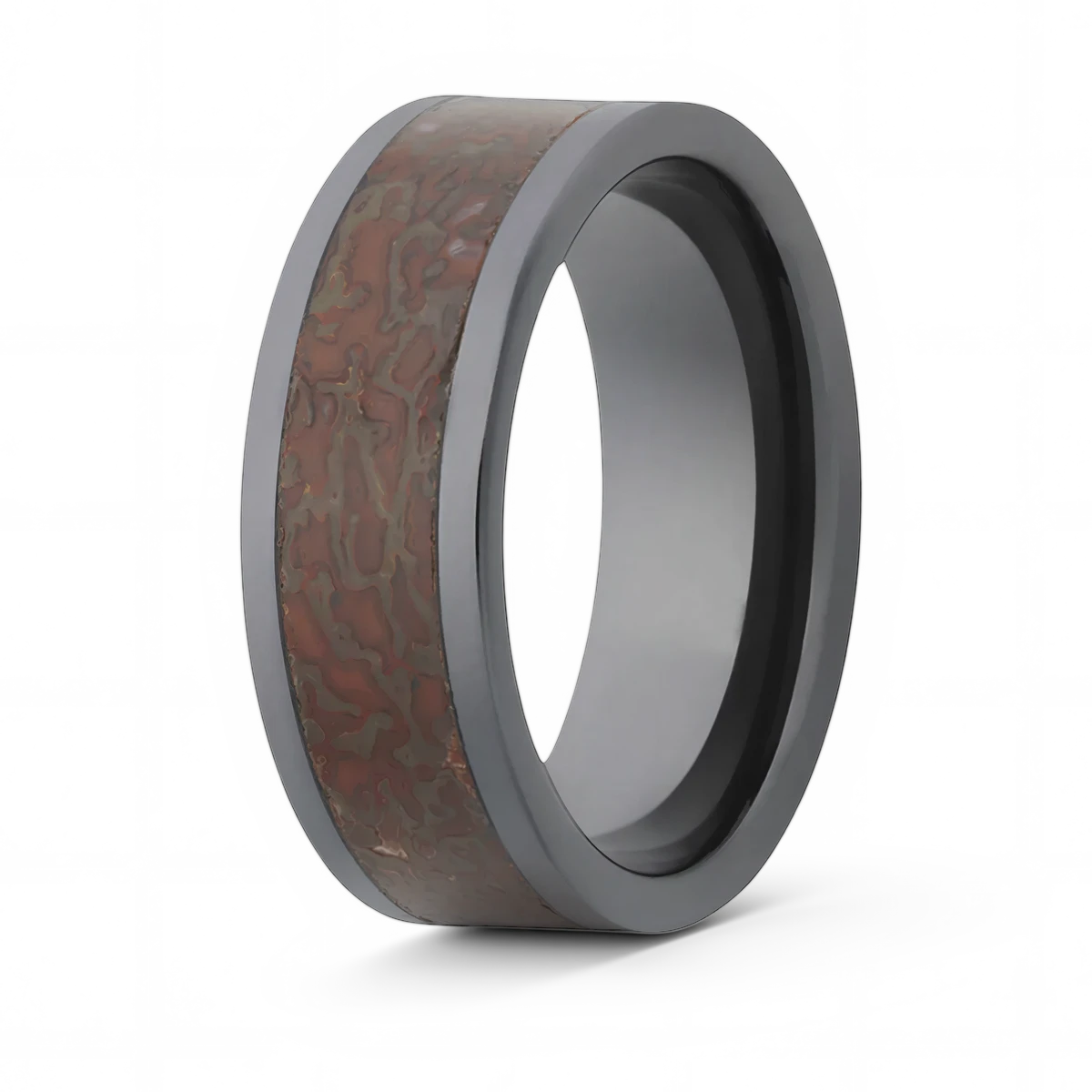 Red Dinosaur Bone Inlay Black Ceramic Wedding Band - Camo Ever After