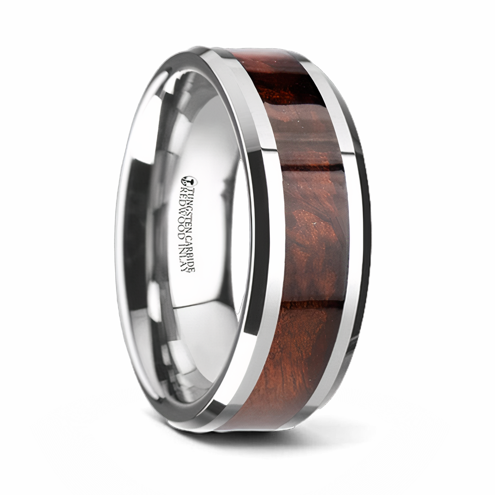 Red Wood Inlay Ring - Beveled Tungsten 8mm 