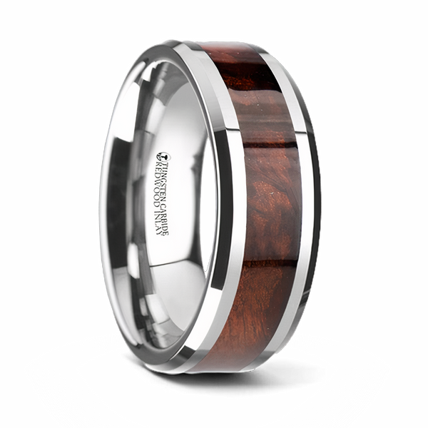Red Wood Inlay Ring - Beveled Tungsten 8mm 