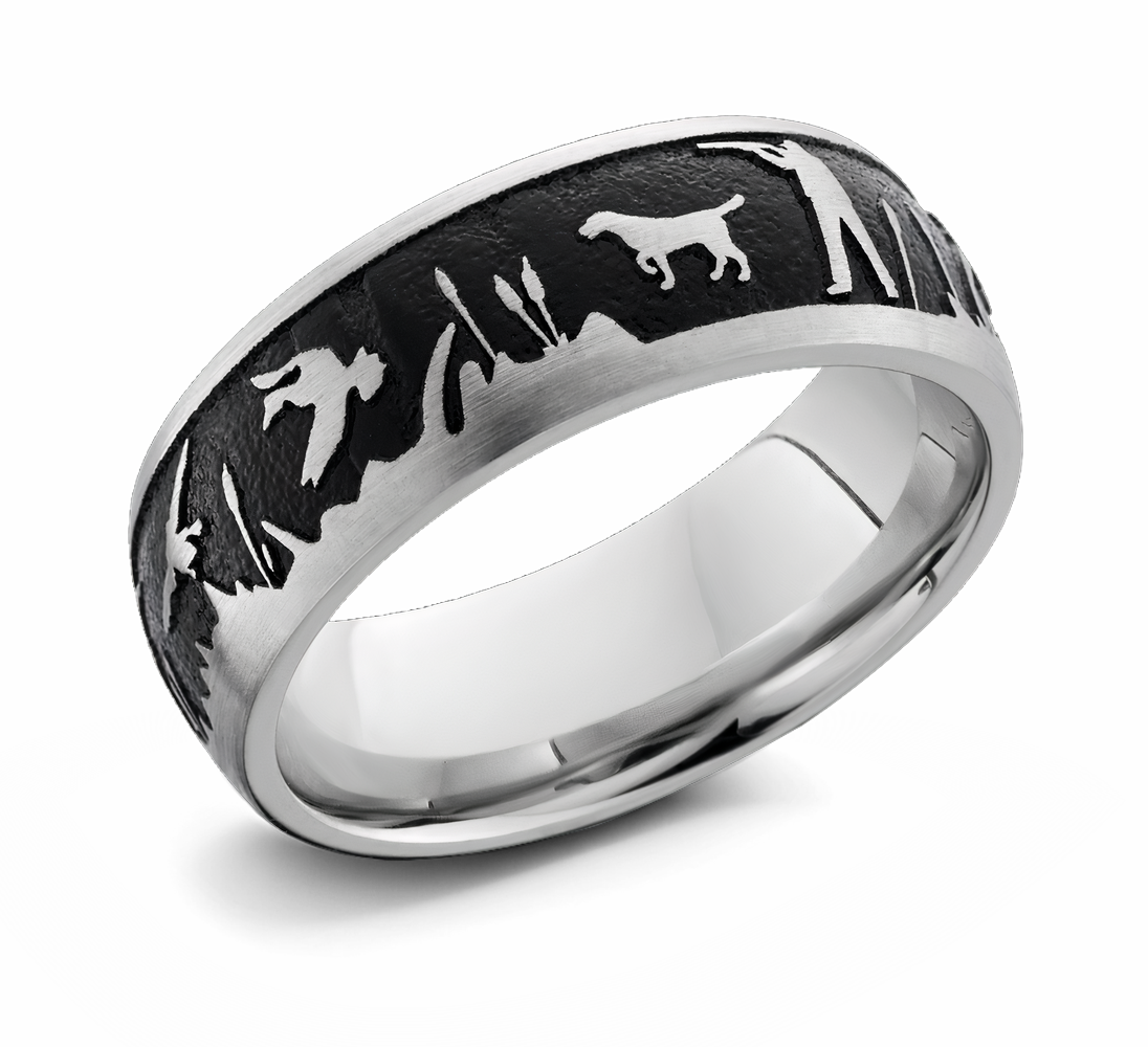 Laser Carved Duck Hunt Scenery Ring - 8mm Cobalt 