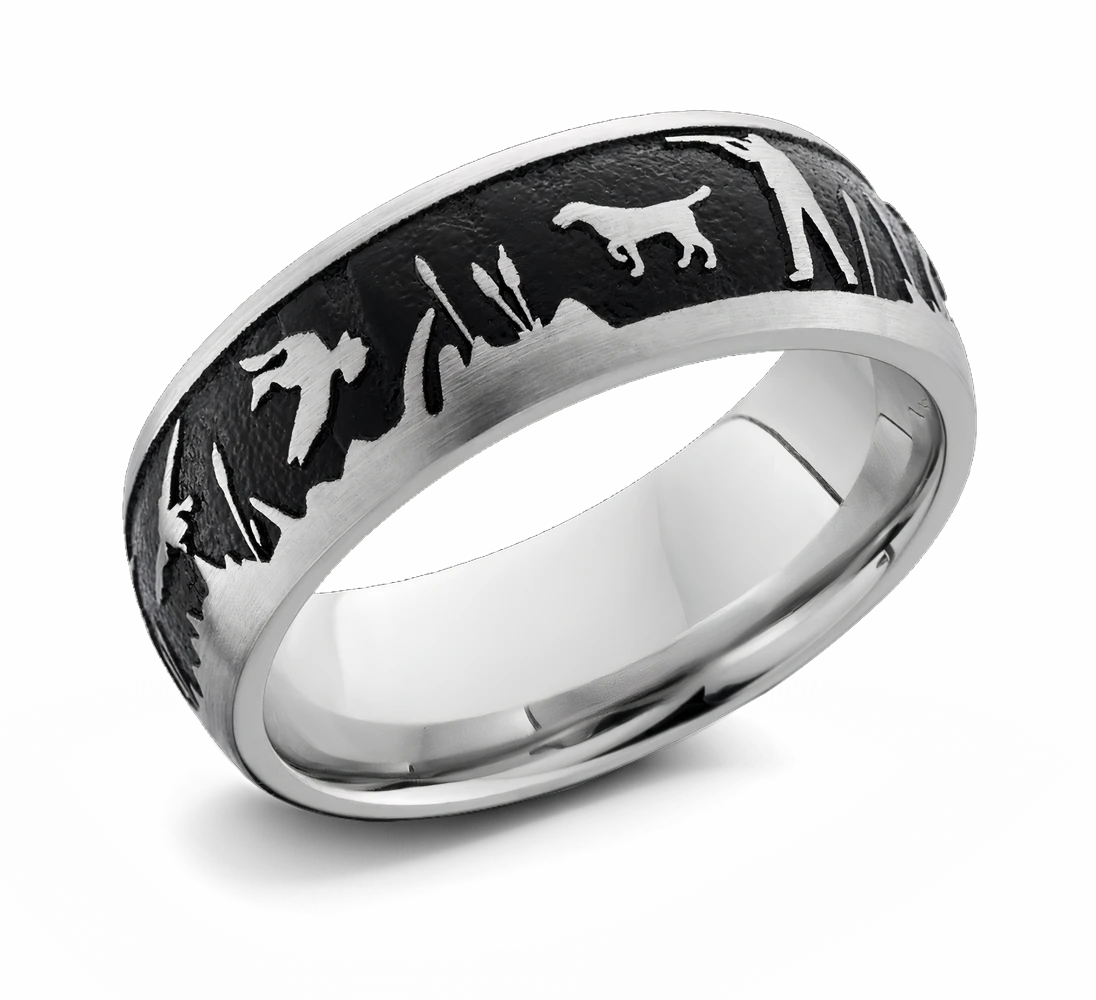 Laser Carved Duck Hunt Scenery Ring - 8mm Cobalt 