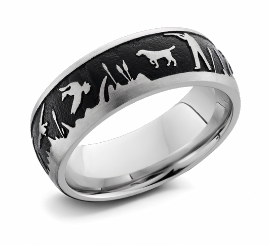 Laser Carved Duck Hunt Scenery Ring - 8mm Cobalt 