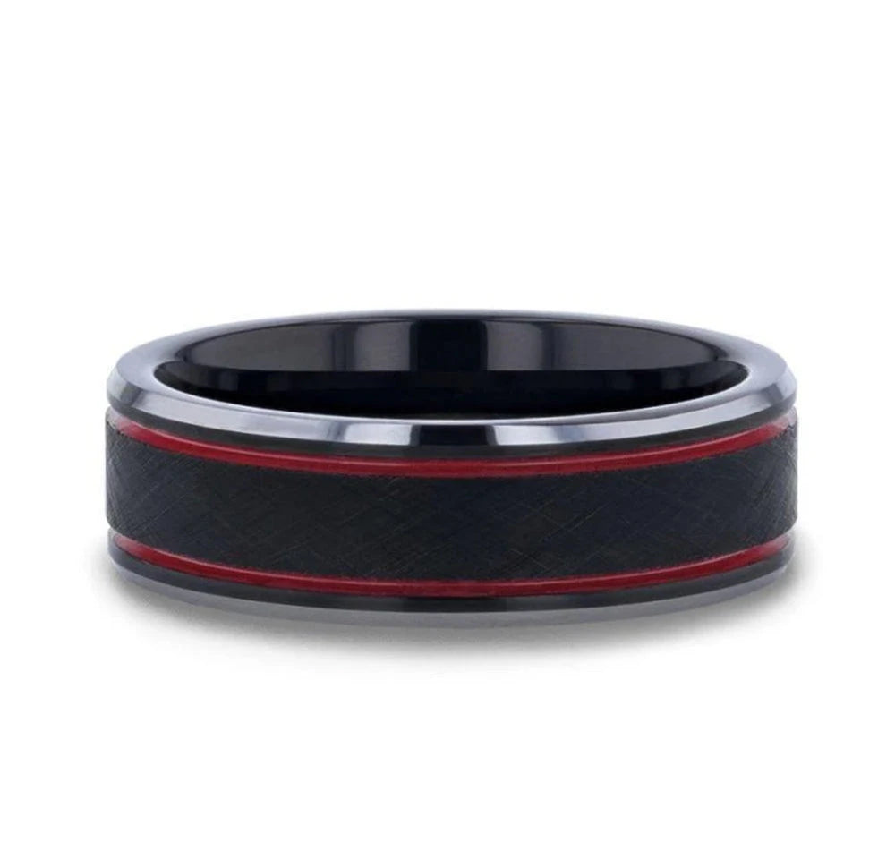 Black Tungsten Men's Ring with Double Red Stripe - Camo Ever After