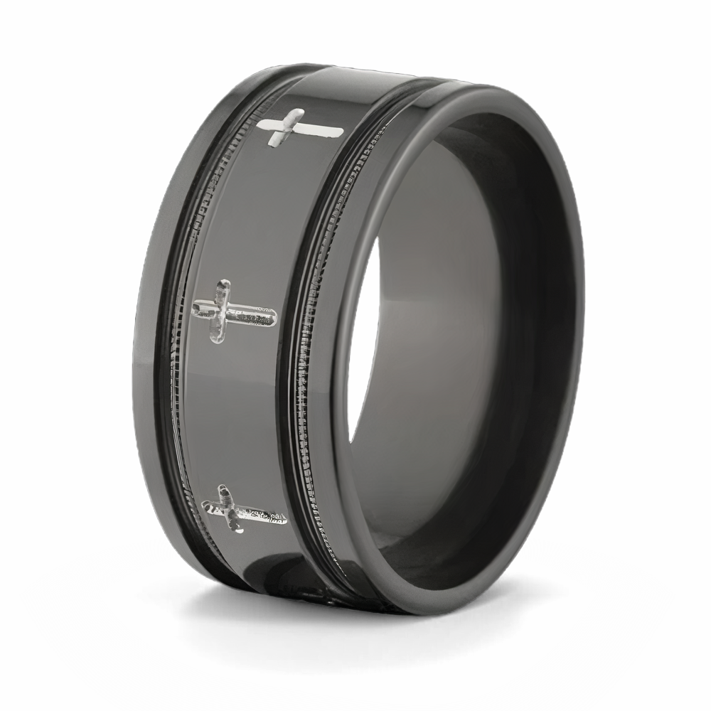 Black Cross Ring with Millgrain Detail 