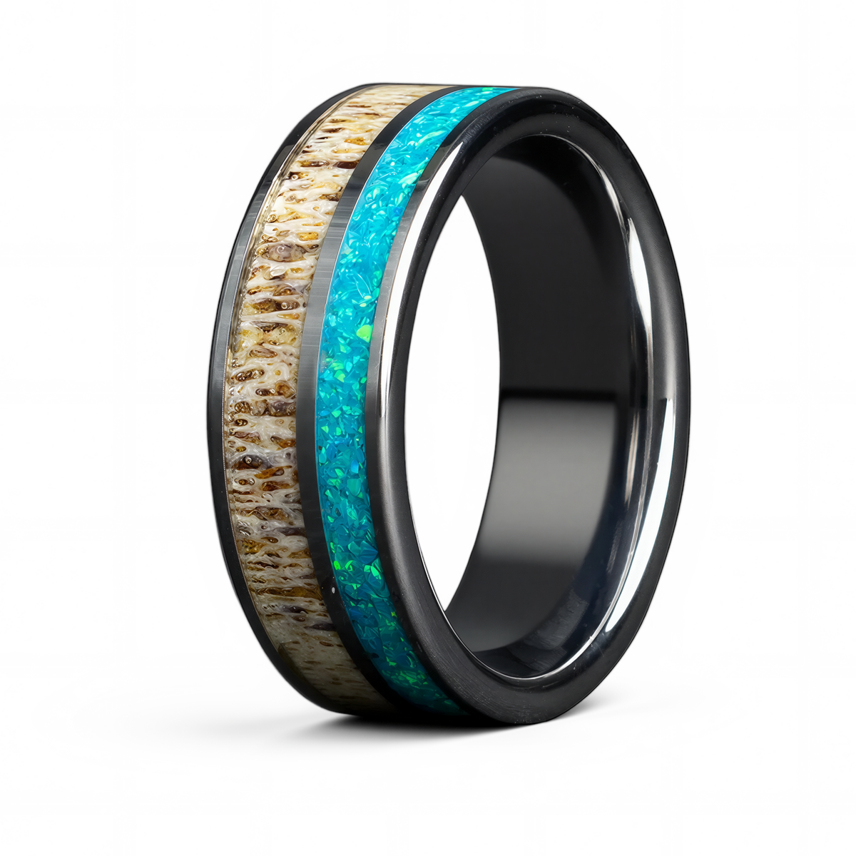 Tungsten Wedding Band with Antler & Blue Opal Inlay – 8mm