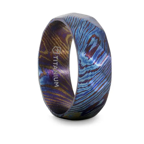 Brushed Titanium Ring with Blue and Purple Wavy Design