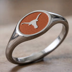 University of Texas small oval signet ring with Longhorn emblem in polished titanium