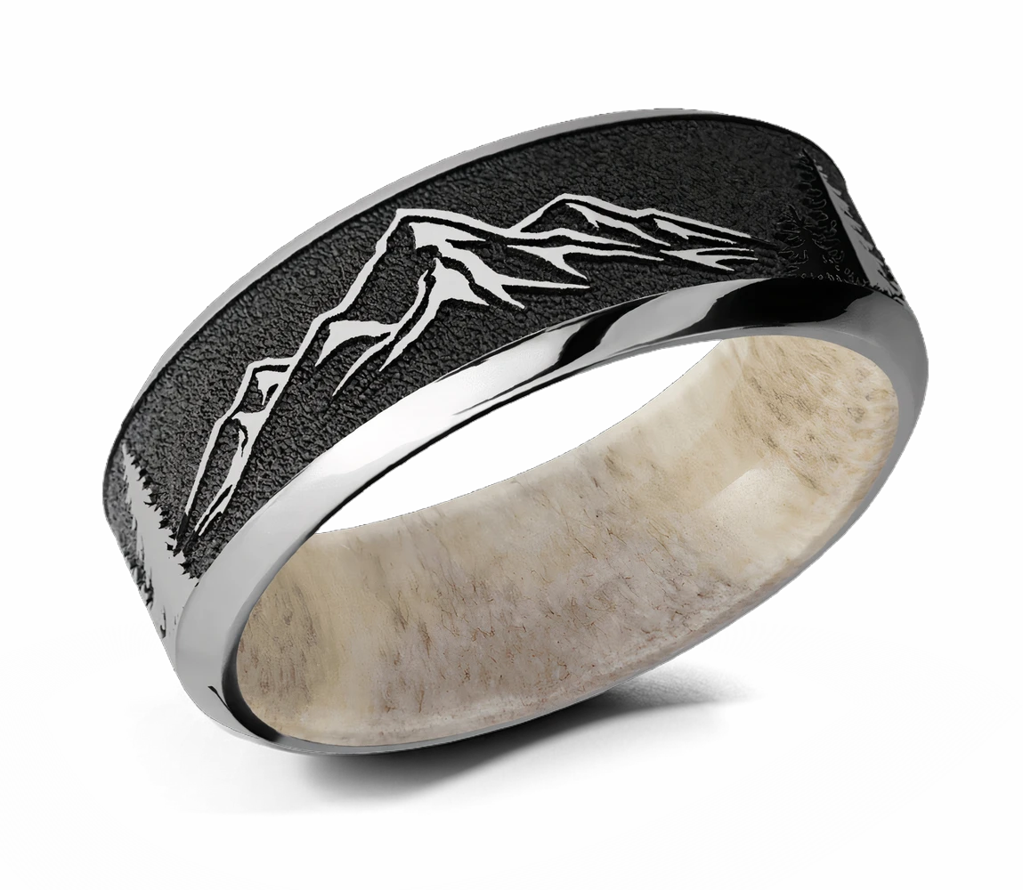 Titanium Mountain Pattern Ring with Antler Sleeve 