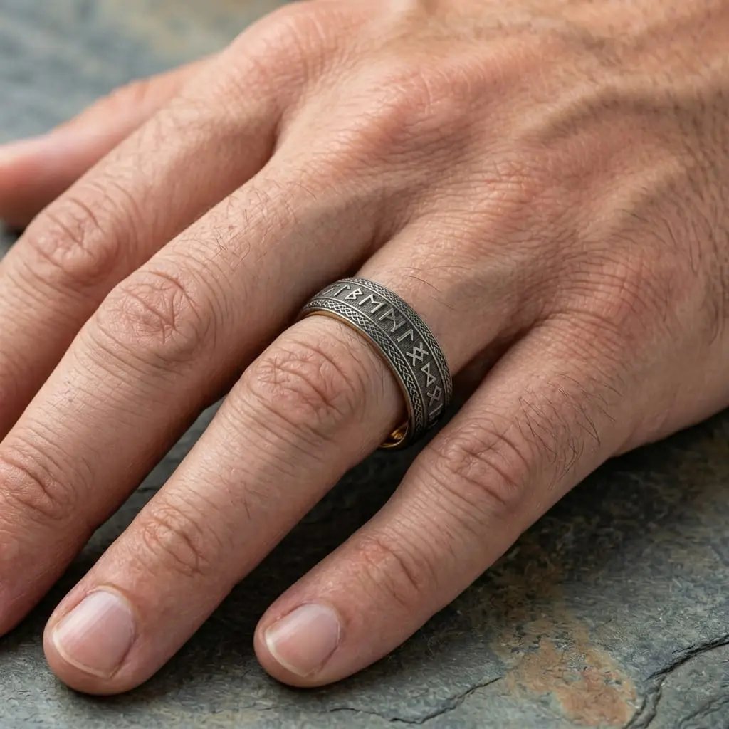 Tungsten Ring with Runes - Gold Plated Sleeve 