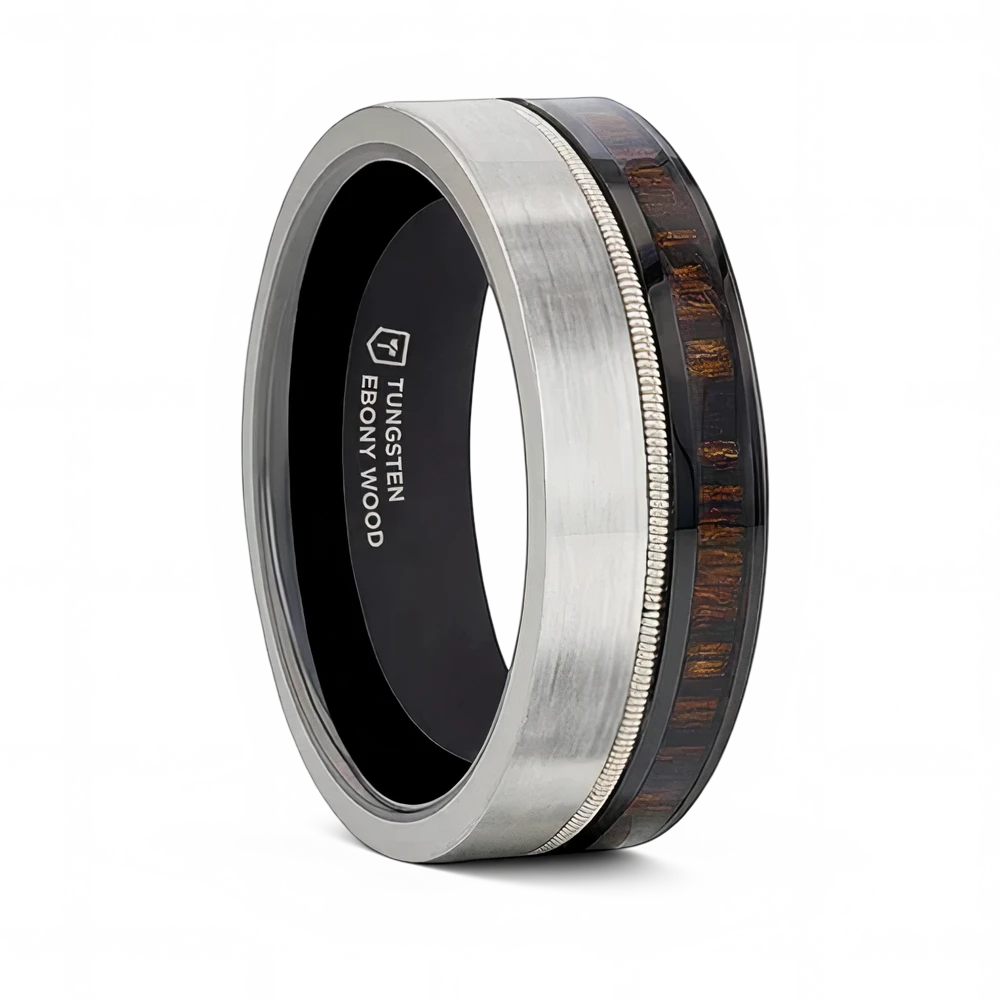 Tungsten & Black Ceramic Hybrid Ring with Steel Guitar String and Ebony Wood 
