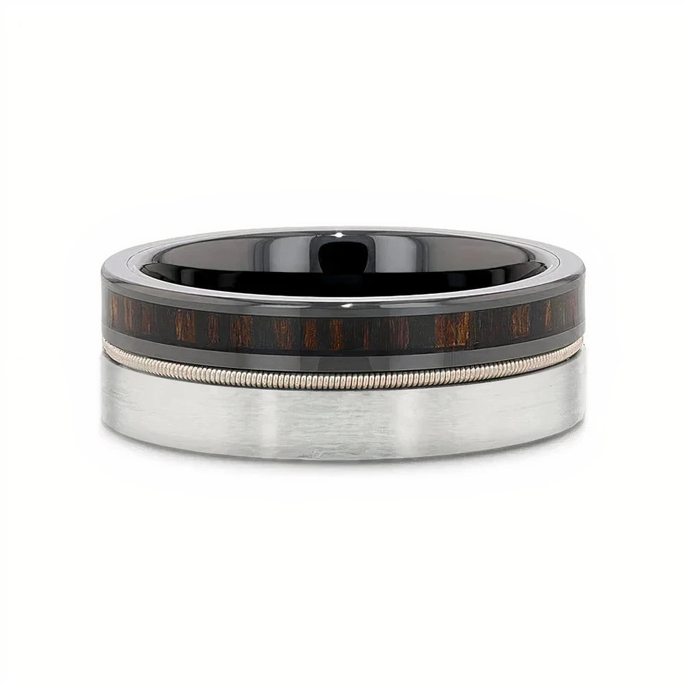 Tungsten & Black Ceramic Hybrid Ring with Steel Guitar String and Ebony Wood 