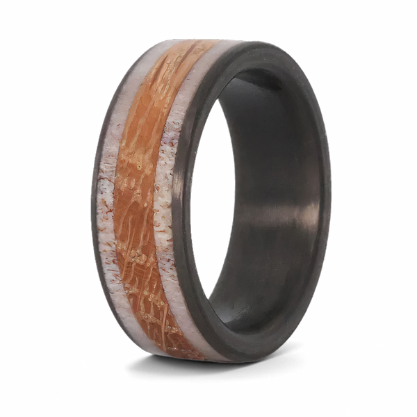 Whiskey Barrel Ring with Deer Antler & Carbon Fiber 