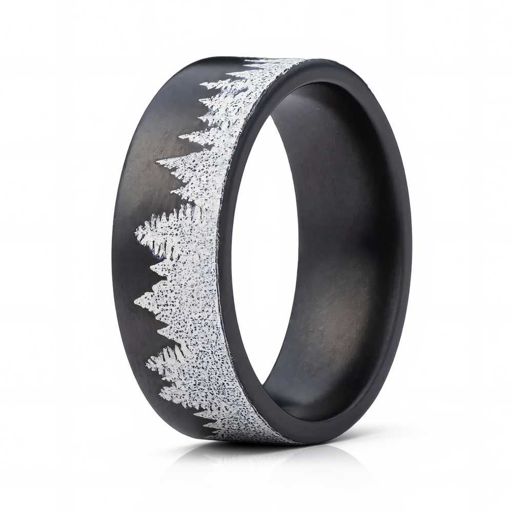 White Pine Forest Engraved Zirconium Ring