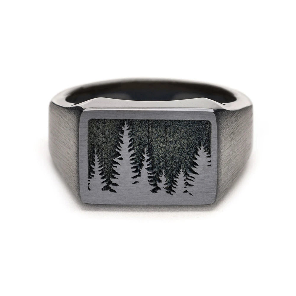 Zirconium Rectangle Signet Ring with Trees 