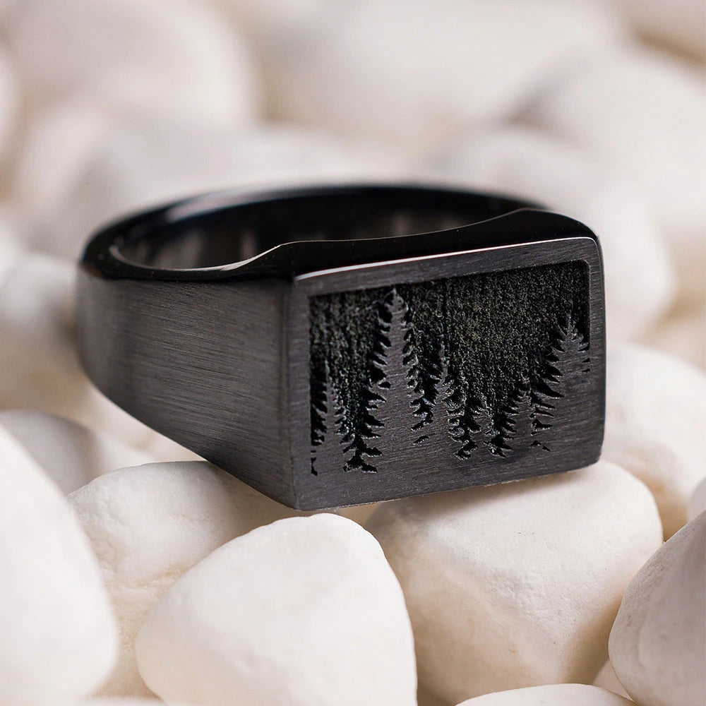 Zirconium Rectangle Signet Ring with Trees 