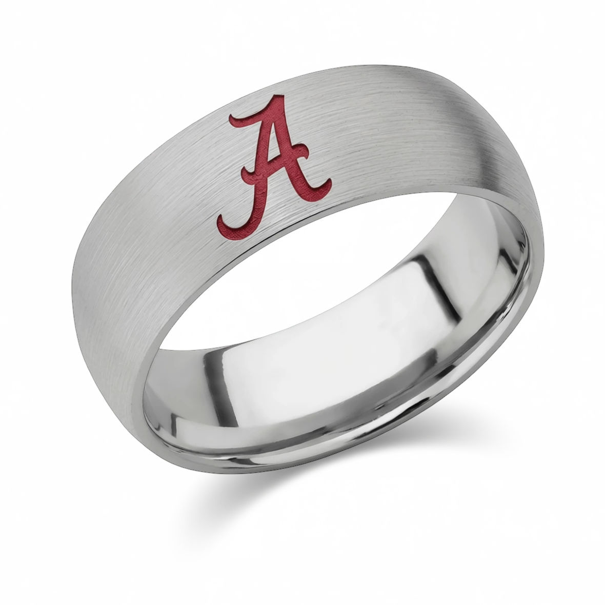 Alabama collegiate ring in 8mm satin titanium with crimson Alabama A logo