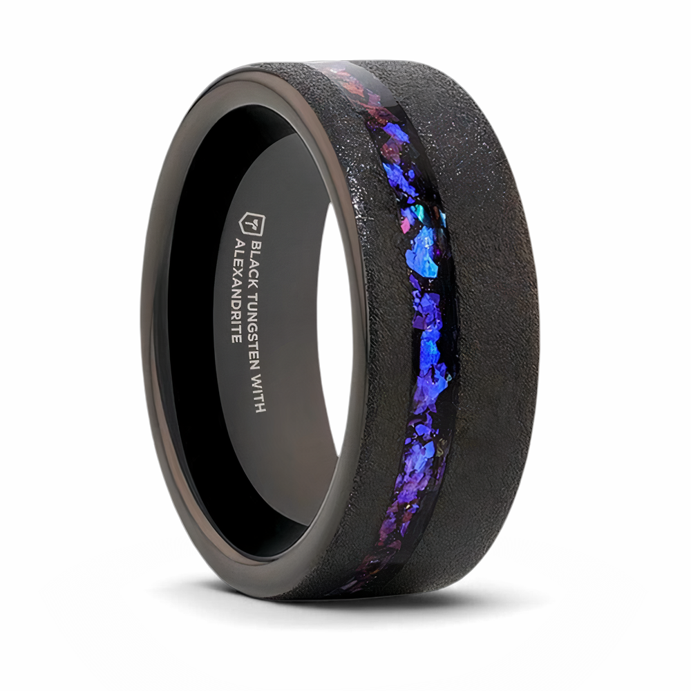 Crushed Alexandrite Ring in Sandblasted Black Tungsten 