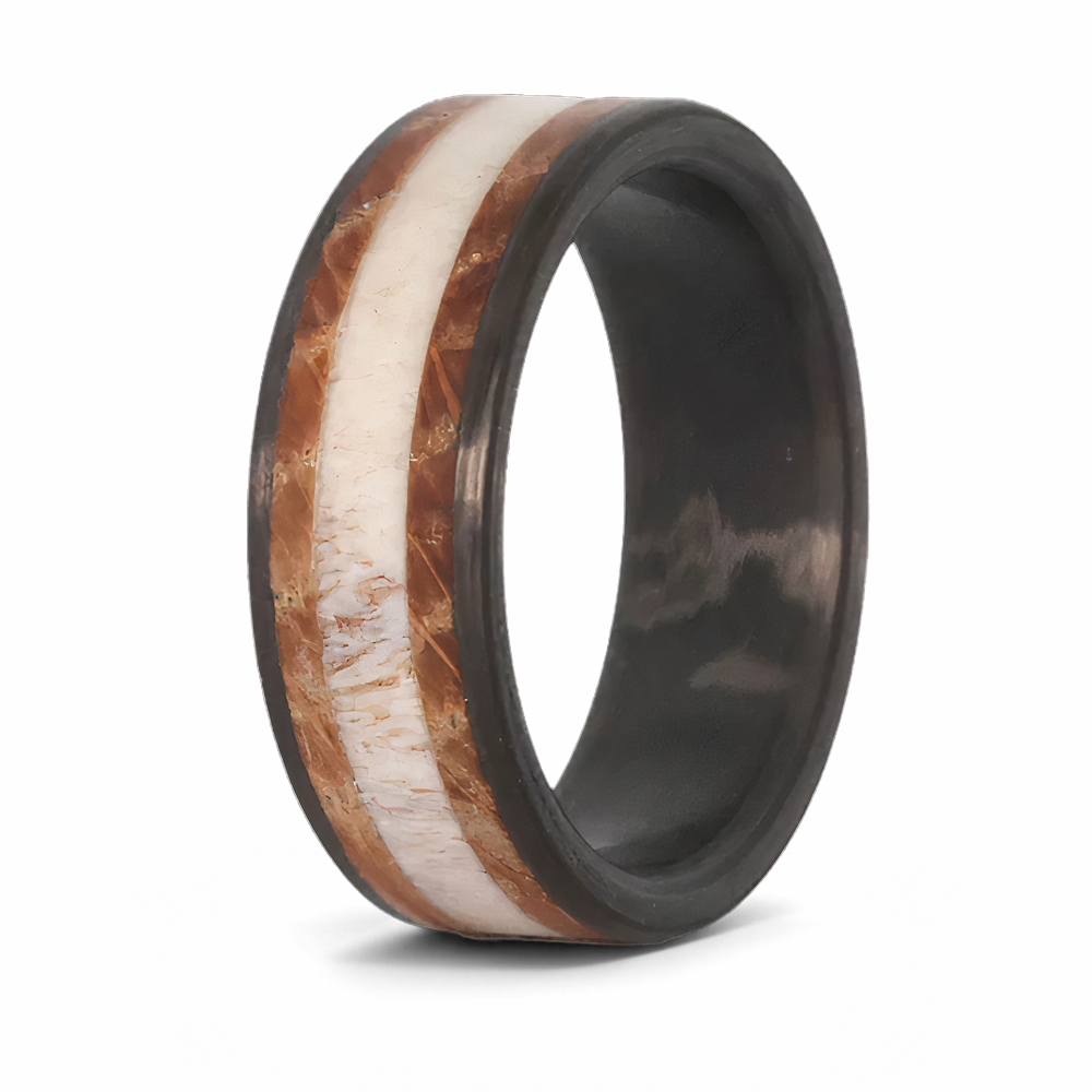 Antler Ring with Whiskey Barrel Wood & Carbon Fiber 