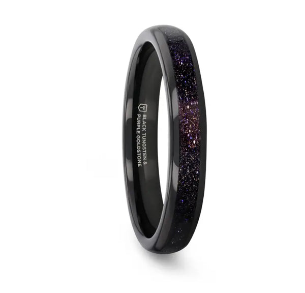 Black Tungsten Ring with Crushed Blue and Purple Goldstone - Camo Ever After