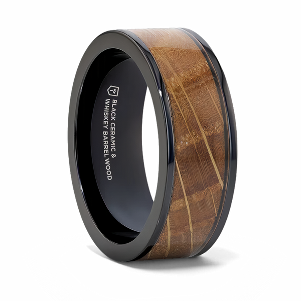 Black Ceramic Ring with Whiskey Barrel Wood Inlay -  8mm 