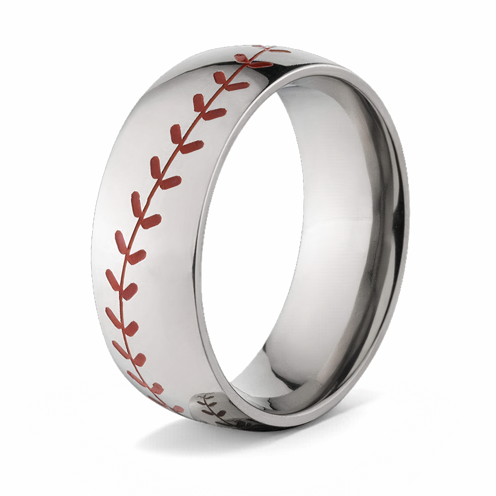 Mens Baseball Wedding Band - Polished Finish with Red Stitching 