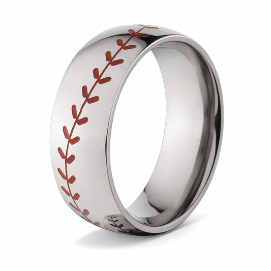 Mens Baseball Wedding Band - Polished Finish with Red Stitching 