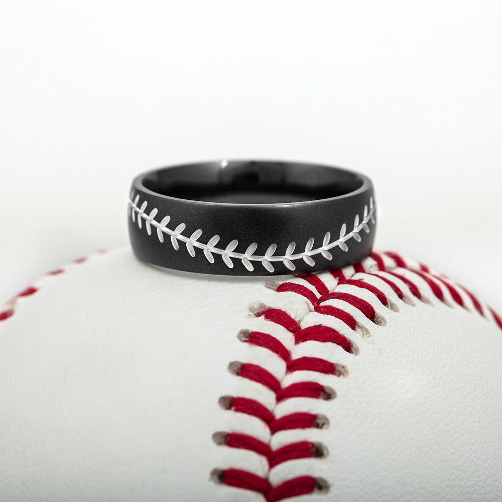 Baseball Ring in Matte Black with White Stitch - 7mm 