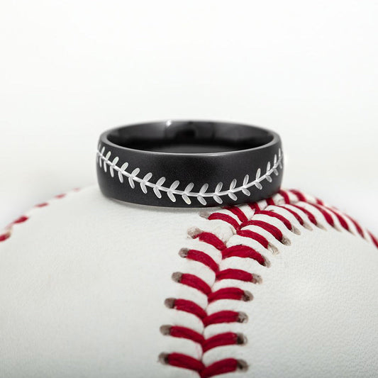 Baseball Ring in Matte Black with White Stitch - 7mm 