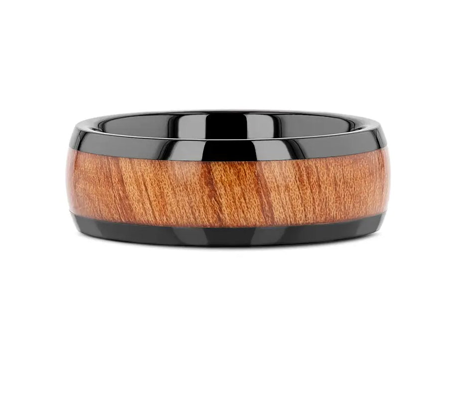 Carpathian Elm Wood Ring In Black Ceramic - 8mm - Camo Ever After