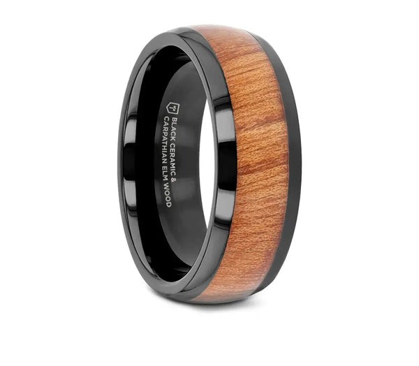 Carpathian Elm Wood Ring In Black Ceramic - 8mm