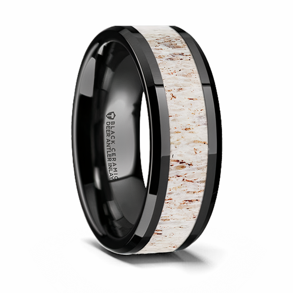 Black Deer Antler Ring with Light Inlay 