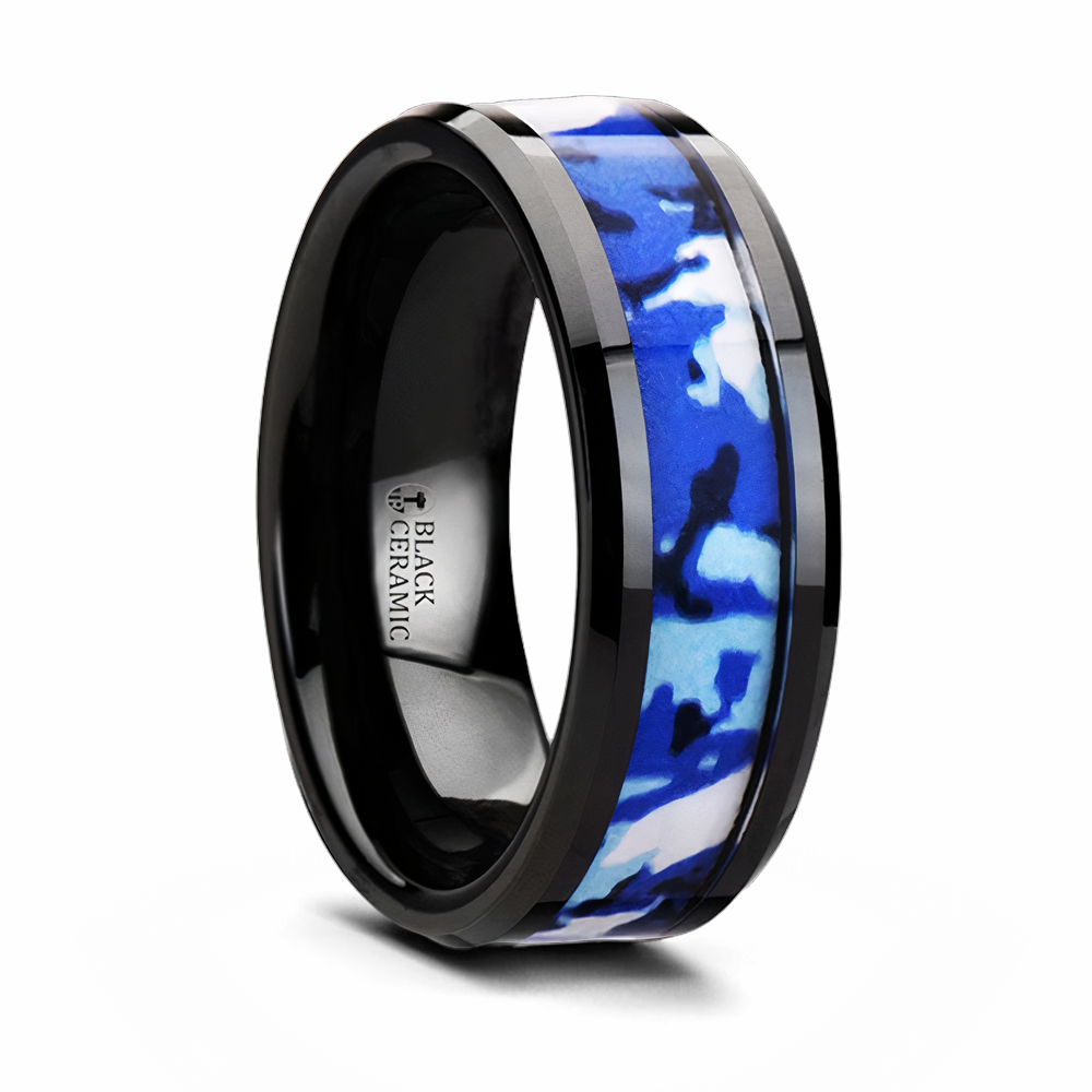 Black Ceramic 8mm Ring with Blue and White Camo Inlay 