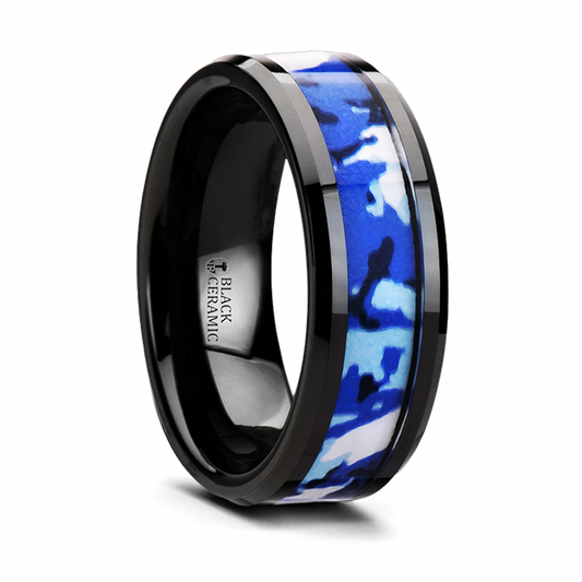 Black Ceramic 8mm Ring with Blue and White Camo Inlay 