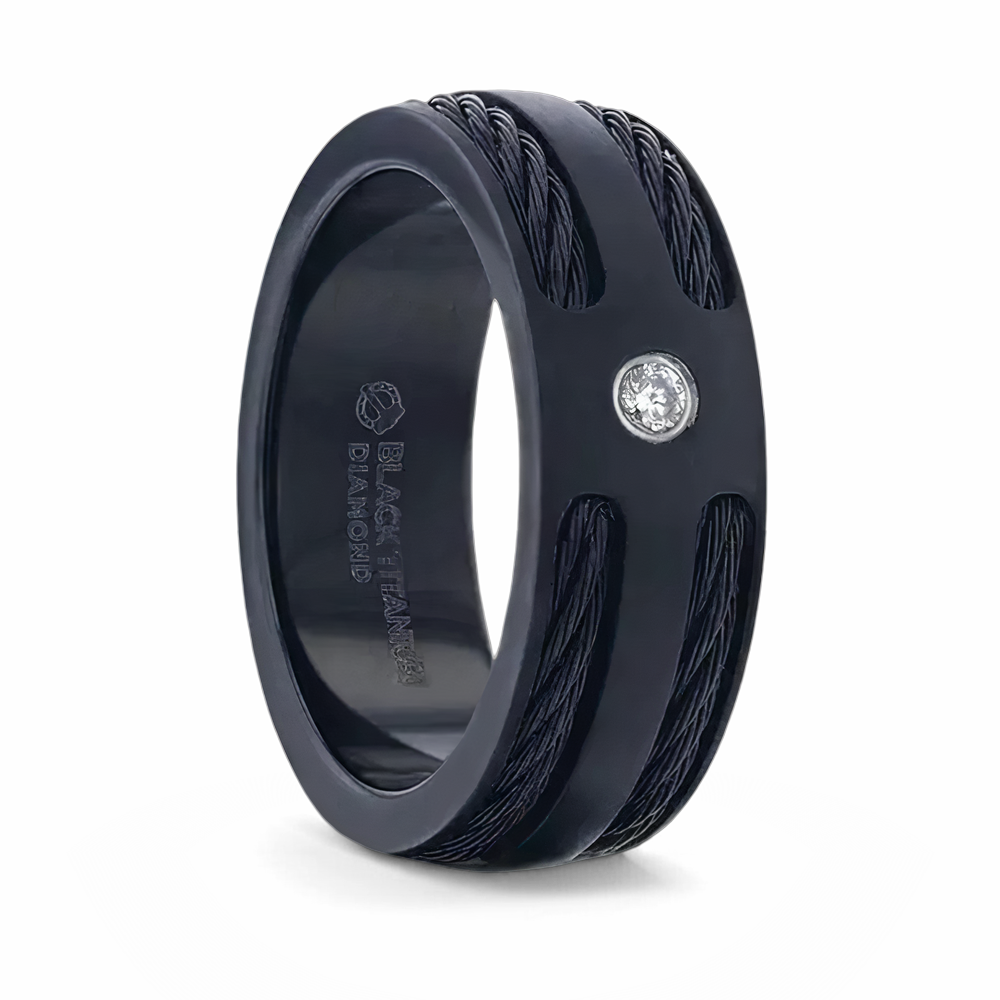 Black Rope Inlaid Black Titanium Ring with Diamond 