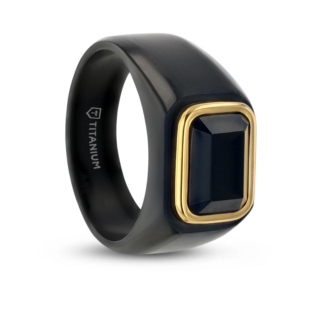 Black Titanium SIgnet Ring with Black Onyx Outlined in Gold Plating - Camo Ever After