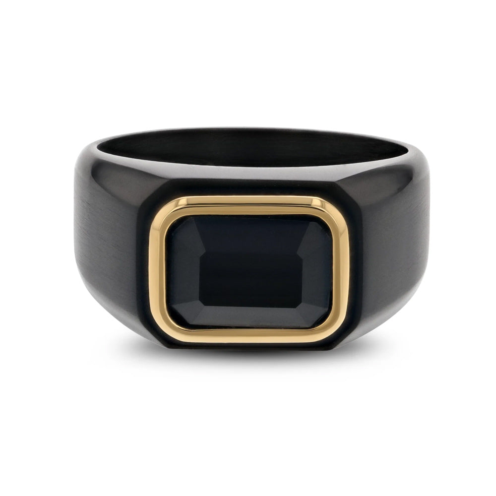 Black Titanium SIgnet Ring with Black Onyx Outlined in Gold Plating - Camo Ever After