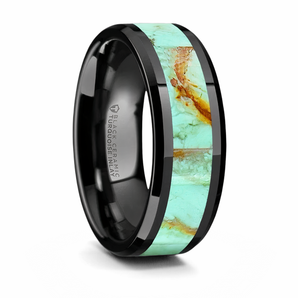 Black Ceramic Ring with Light Blue Turquoise Stone Inlay 