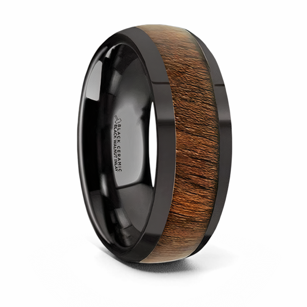 Black Walnut Wood Inlay Ring - Ceramic Domed 8mm 
