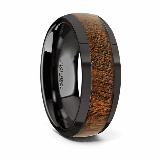 Black Walnut Wood Inlay Ring - Ceramic Domed 8mm 
