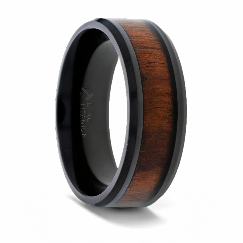 Dark Walnut Wood Inlay Ring in Black Titanium - 8mm 