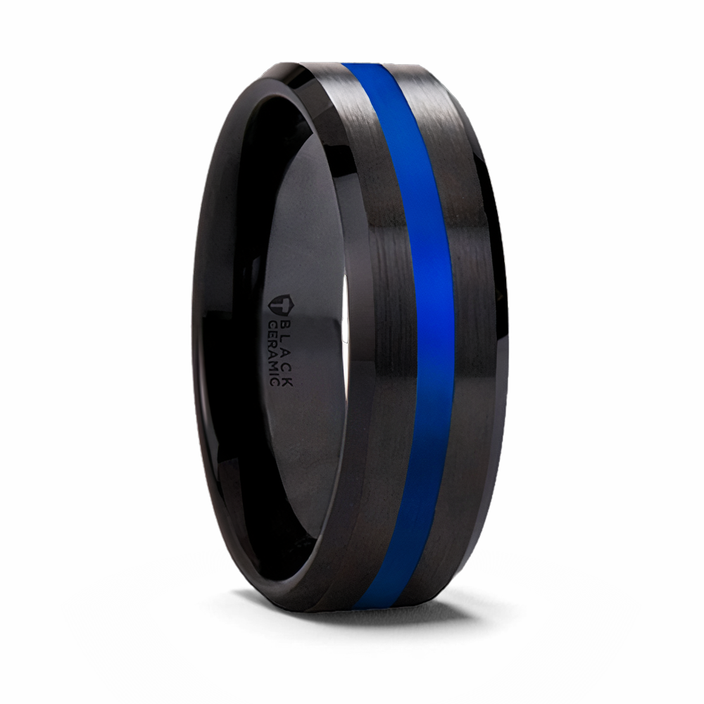 Black Wedding Band with Blue Line - 8mm 