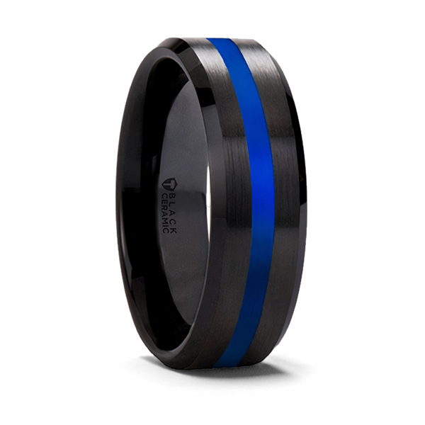 Black Wedding Band with Blue Line - 8mm 