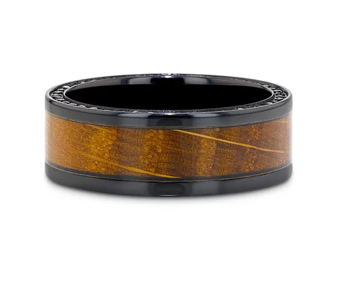 Black Zirconium Ring with Whiskey Barrel and Black Sapphires -  8mm