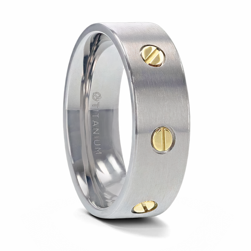 Titanium Brush Finish Ring with Rotating Screw Design 